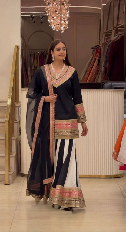 Women's Ethnic Black V-Neck Kurta with Striped Sharara & Tasseled Sheer Dupatta