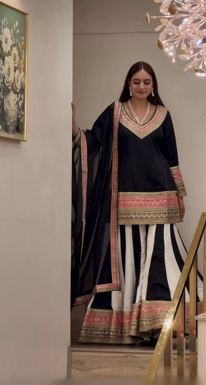 Women's Ethnic Black V-Neck Kurta with Striped Sharara & Tasseled Sheer Dupatta