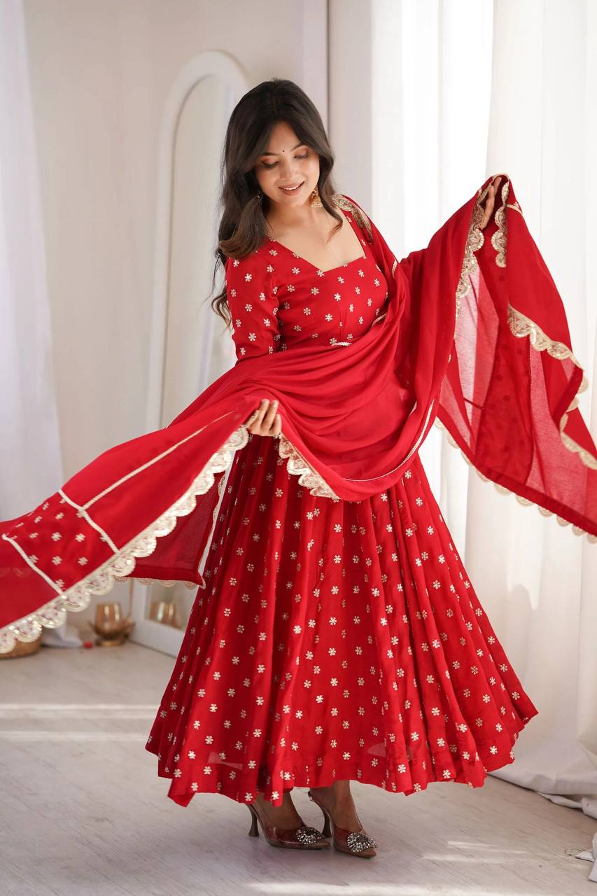 Women's Red Printed Anarkali Kurta Suit Set with Scalloped Embroidered Border Dupatta