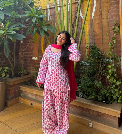 Women's Pink & White Floral Print Pure Cotton Short Kurti Salwar Suit Set with Dupatta