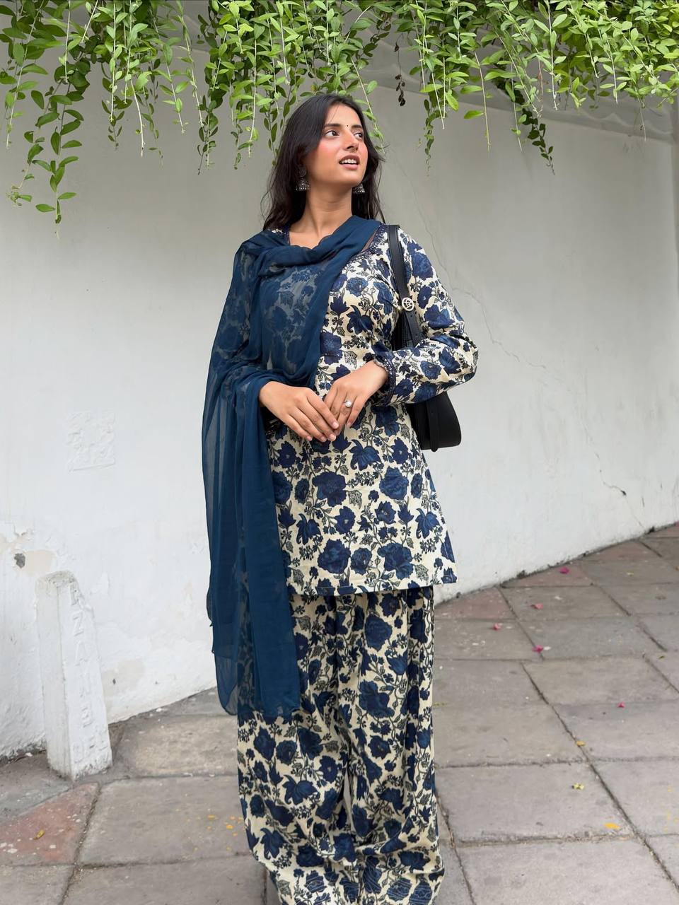 Women's Navy Blue & Cream Floral Printed Cotton Kurti Salwar Suit Set with Dupatta