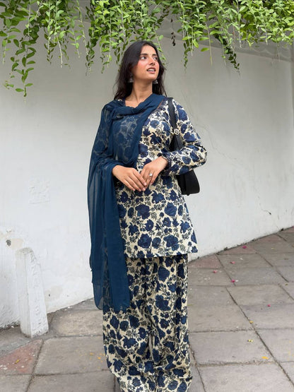 Women's Navy Blue & Cream Floral Printed Cotton Kurti Salwar Suit Set with Dupatta