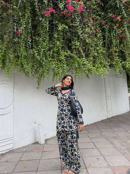 Women's Navy Blue & Cream Floral Printed Cotton Kurti Salwar Suit Set with Dupatta