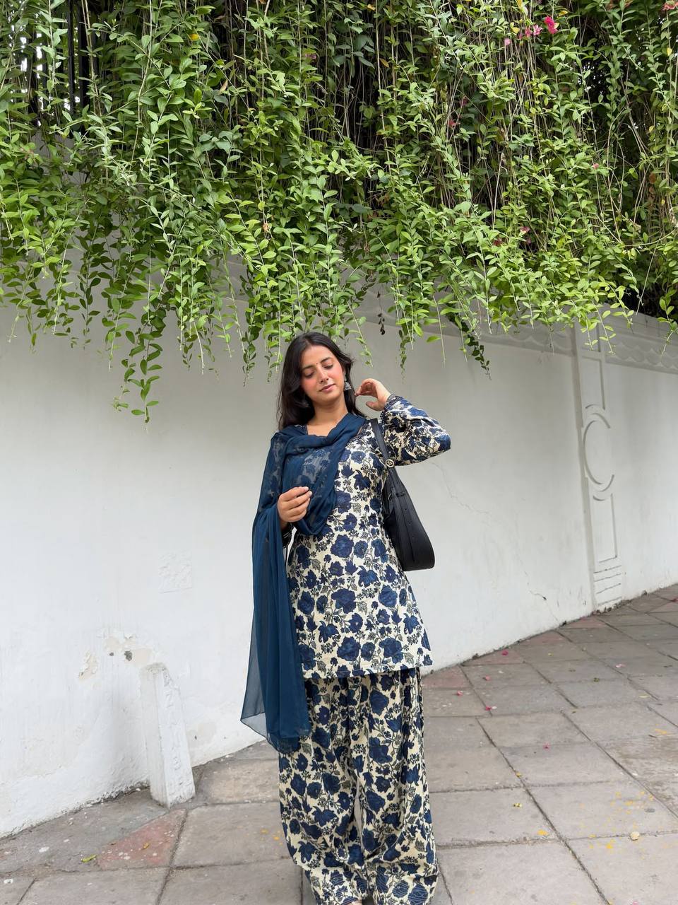Women's Navy Blue & Cream Floral Printed Cotton Kurti Salwar Suit Set with Dupatta