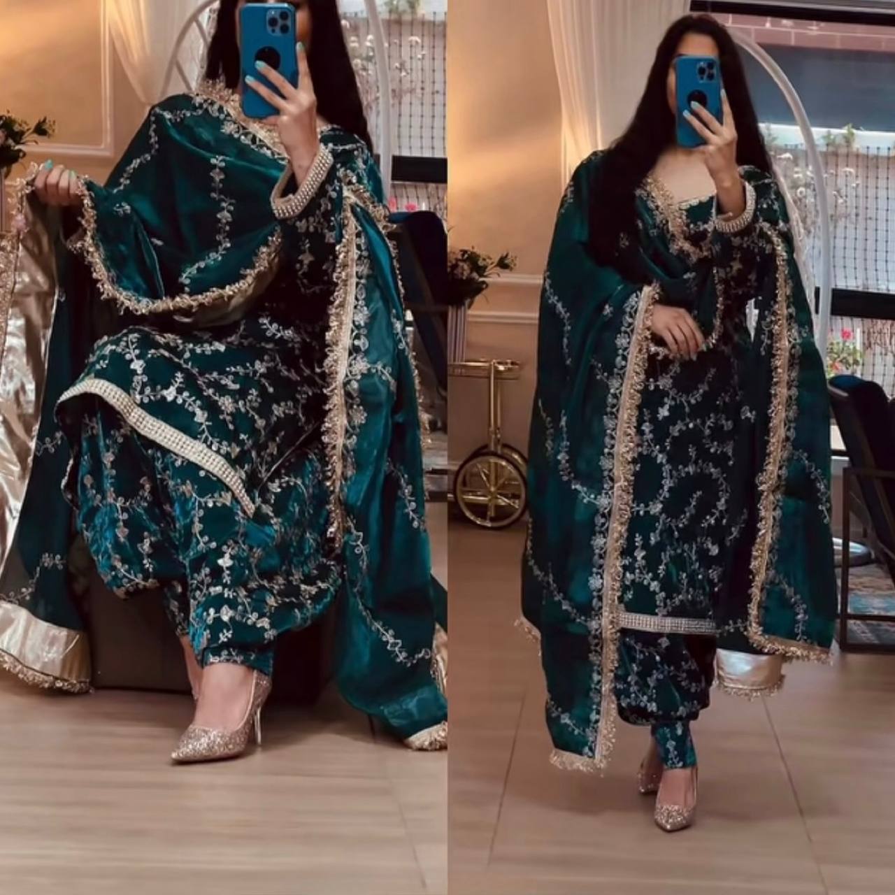 Women's Bottle Green Heavy Embroidered Velvet Kurti Salwar Suit Set with Dupatta