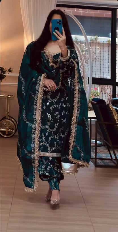 Women's Bottle Green Heavy Embroidered Velvet Kurti Salwar Suit Set with Dupatta