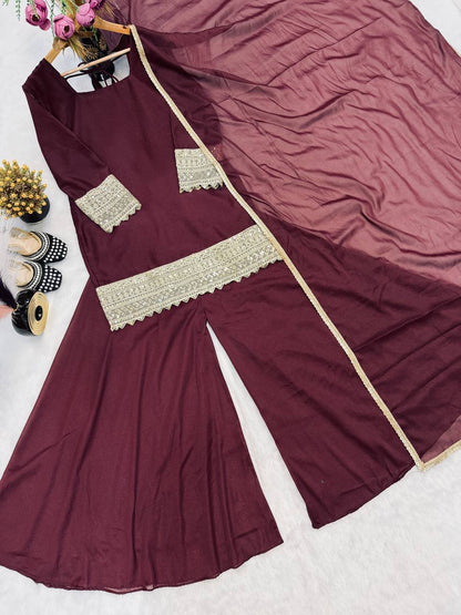 Faux Georgette Sequence Embroidery Work Kurti Sharara Dupatta Set (Ready to Wear)