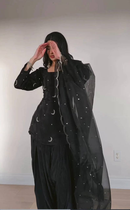 High Fashion Black Crepe Silk Party Wear Farshi Salwar Suit with Heavy Embroidery Work