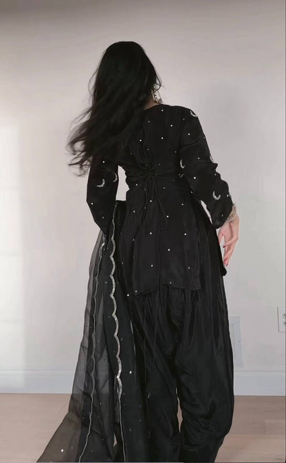 High Fashion Black Crepe Silk Party Wear Farshi Salwar Suit with Heavy Embroidery Work
