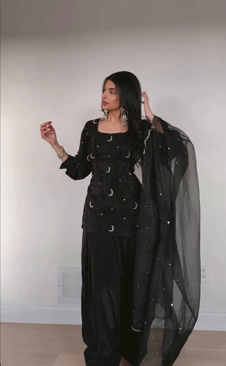 High Fashion Black Crepe Silk Party Wear Farshi Salwar Suit with Heavy Embroidery Work