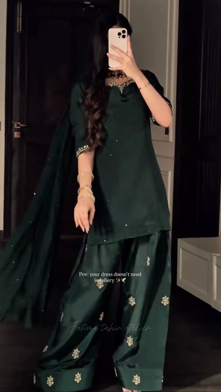 Women's Dark Green Hand-Embroidered Kurta Sharara 3-Piece Festive Set