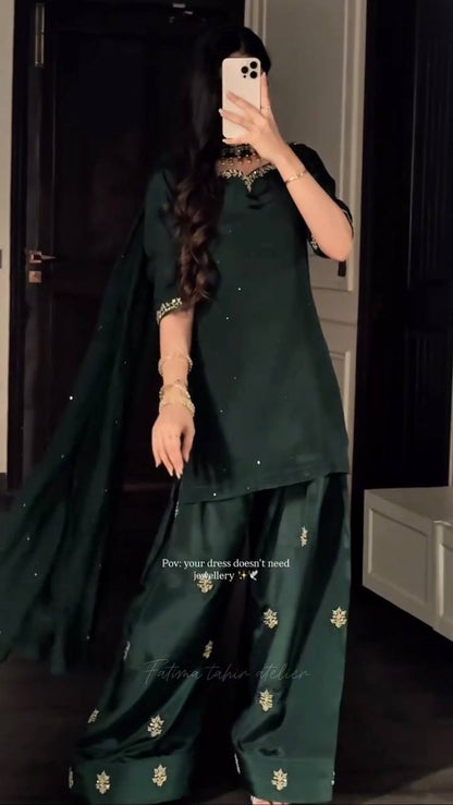 Women's Dark Green Hand-Embroidered Kurta Sharara 3-Piece Festive Set