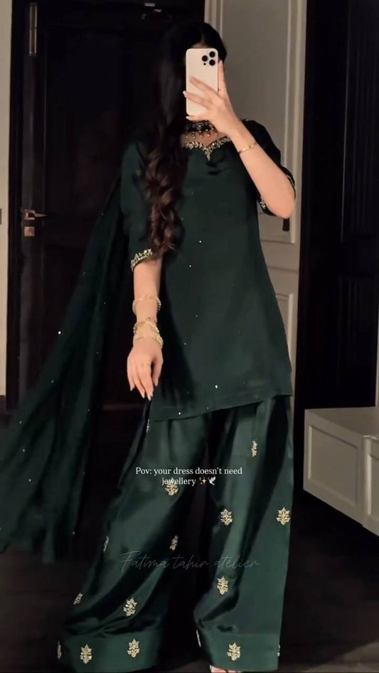 Women's Dark Green Hand-Embroidered Kurta Sharara 3-Piece Festive Set