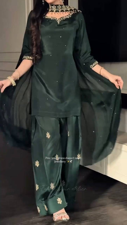 Women's Dark Green Hand-Embroidered Kurta Sharara 3-Piece Festive Set