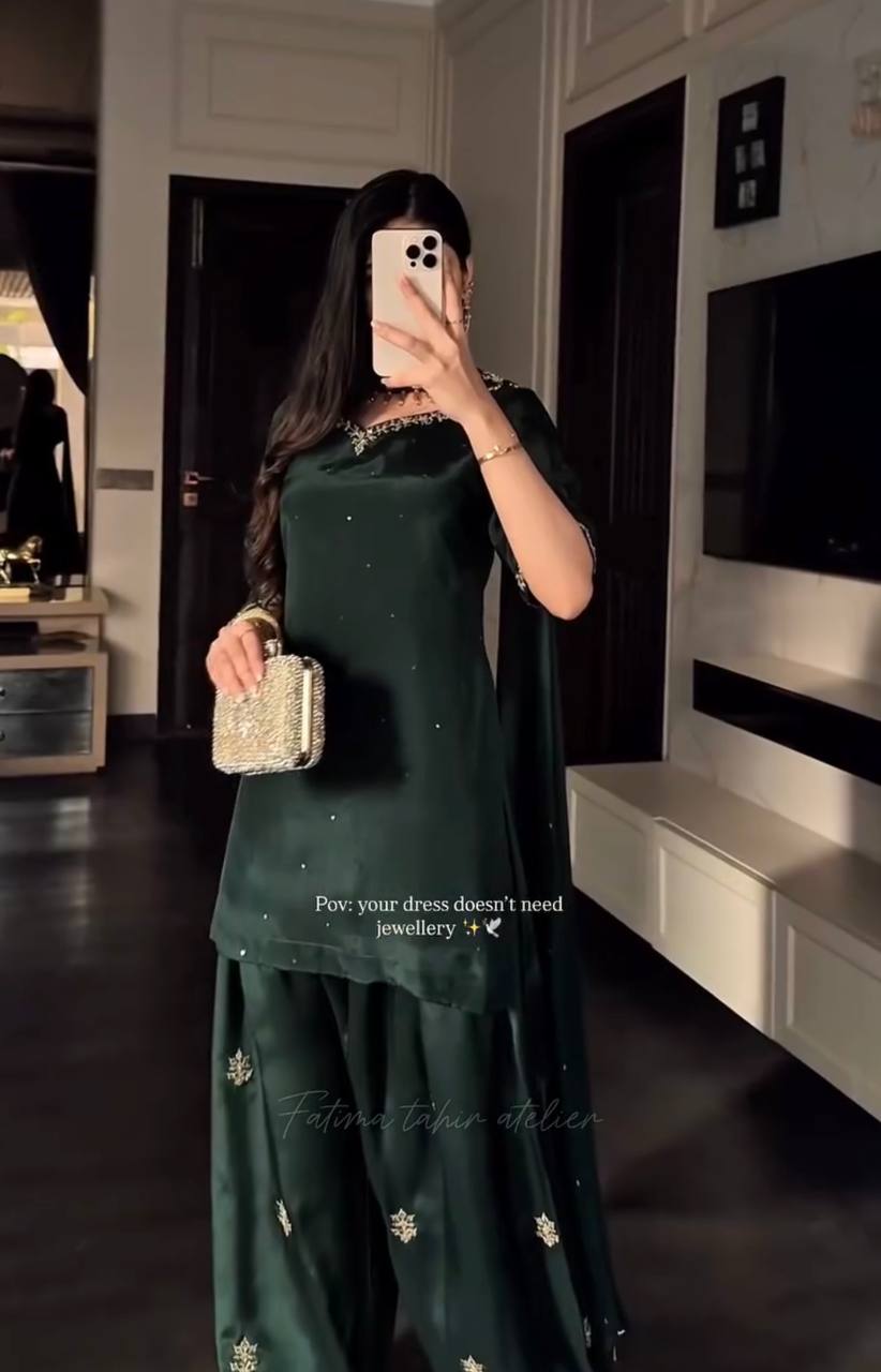 Women's Dark Green Hand-Embroidered Kurta Sharara 3-Piece Festive Set