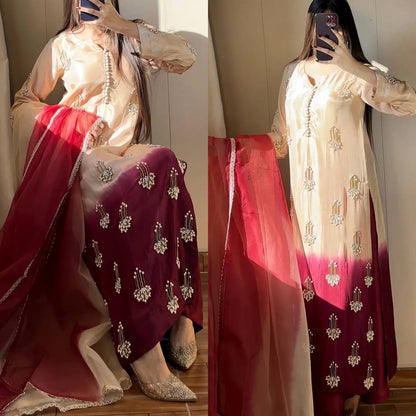 Women's Tailored White Chinnon Silk Suit Set with Beads and Moti Work | Wedding & Festive Wear