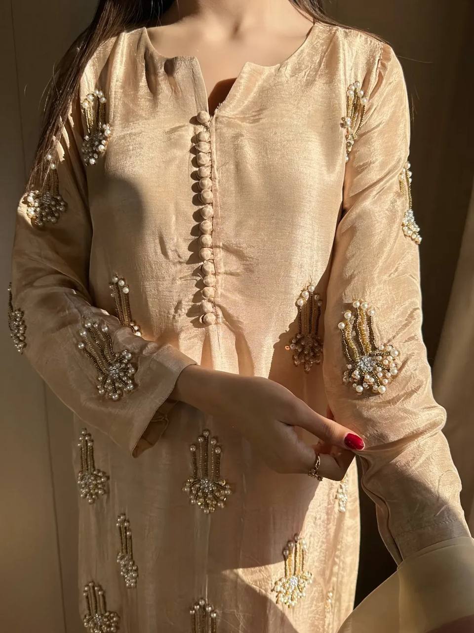 Women's Tailored White Chinnon Silk Suit Set with Beads and Moti Work | Wedding & Festive Wear