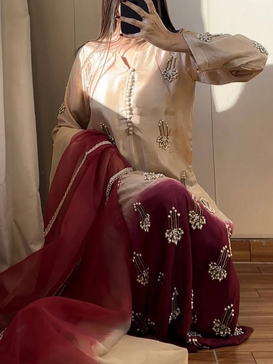 Women's Tailored White Chinnon Silk Suit Set with Beads and Moti Work | Wedding & Festive Wear