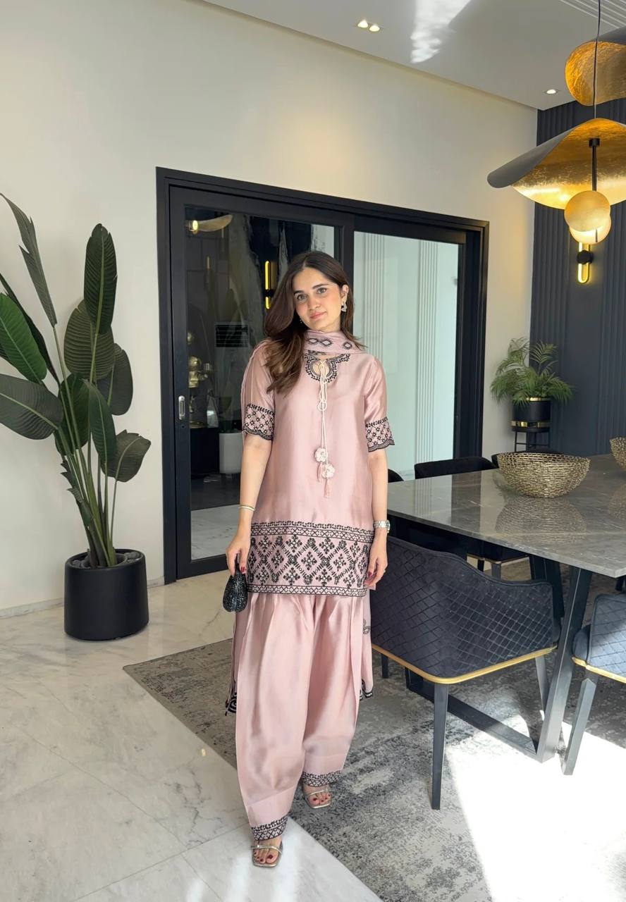 Majestic Dusty Rose Silk Short Kurti Salwar Set with Contrast Embroidery