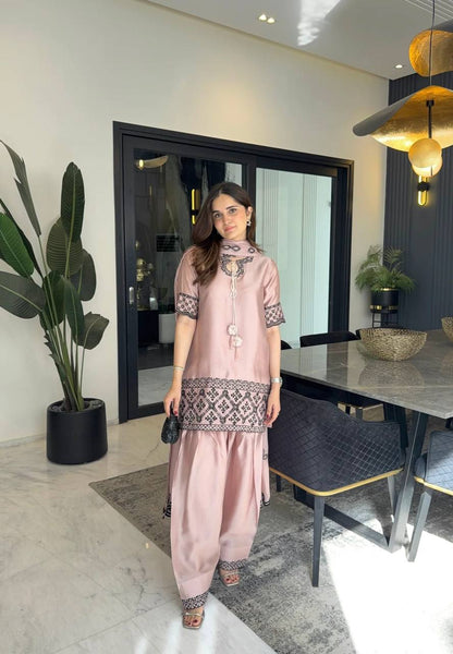 Majestic Dusty Rose Silk Short Kurti Salwar Set with Contrast Embroidery