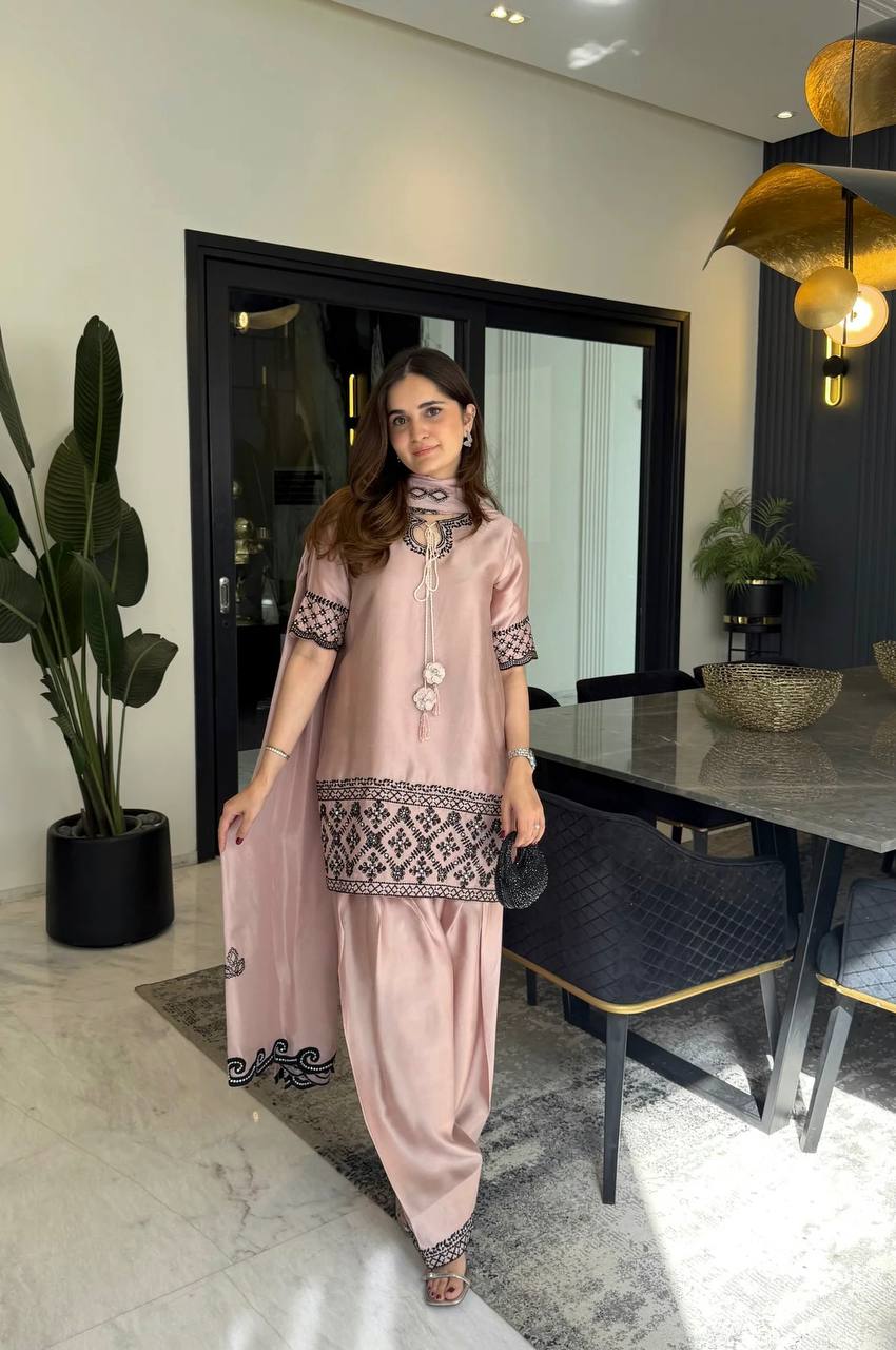 Majestic Dusty Rose Silk Short Kurti Salwar Set with Contrast Embroidery
