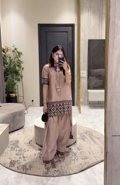 Majestic Dusty Rose Silk Short Kurti Salwar Set with Contrast Embroidery