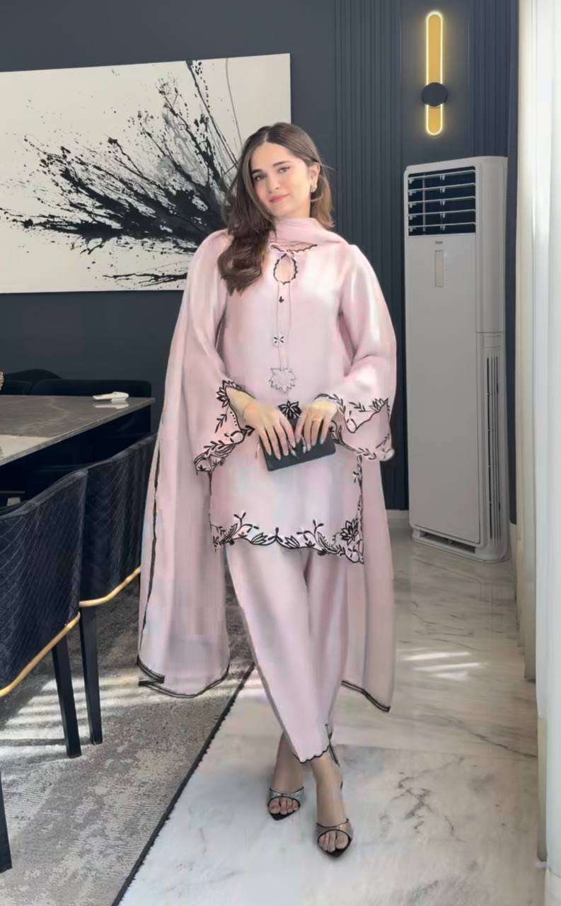 Women's Light Pink Silk Short Kurti Pant Set with Black Cutwork Embroidery & Dupatta | Festive Party Wear