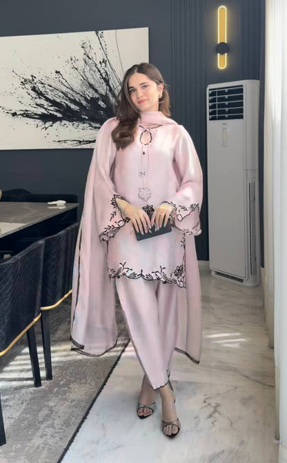 Women's Light Pink Silk Short Kurti Pant Set with Black Cutwork Embroidery & Dupatta | Festive Party Wear
