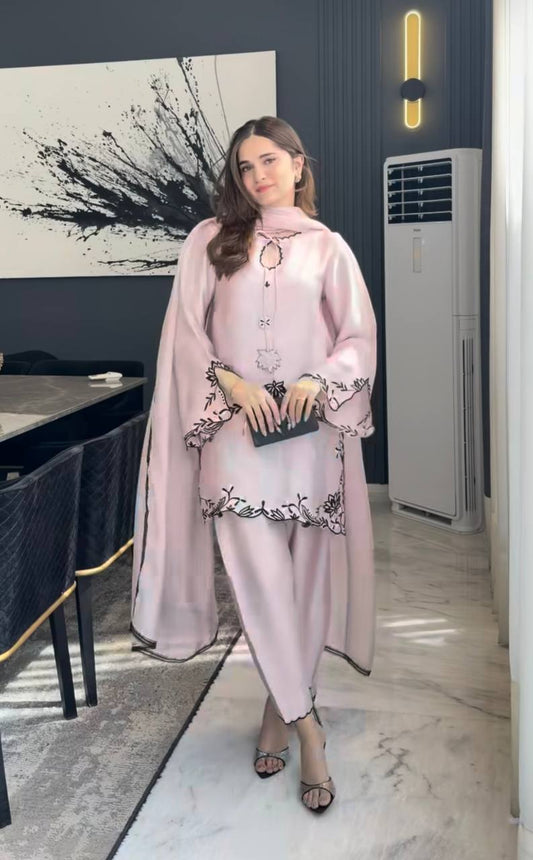 Women's Light Pink Silk Short Kurti Pant Set with Black Cutwork Embroidery & Dupatta | Festive Party Wear