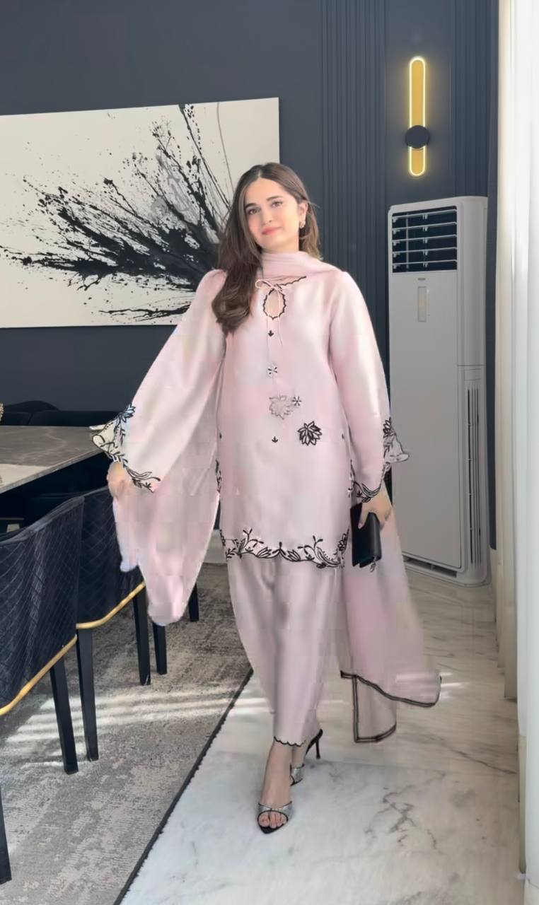 Women's Light Pink Silk Short Kurti Pant Set with Black Cutwork Embroidery & Dupatta | Festive Party Wear