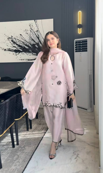 Women's Light Pink Silk Short Kurti Pant Set with Black Cutwork Embroidery & Dupatta | Festive Party Wear