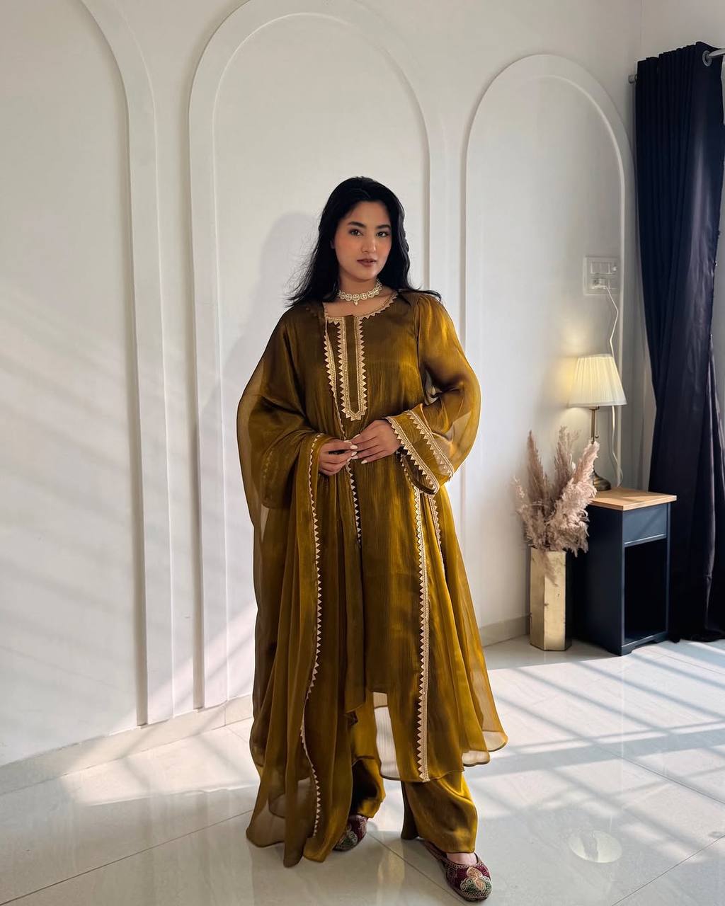 Metallic Bronze Gold Organza Silk Kurta Set with Statement Lace Detailing