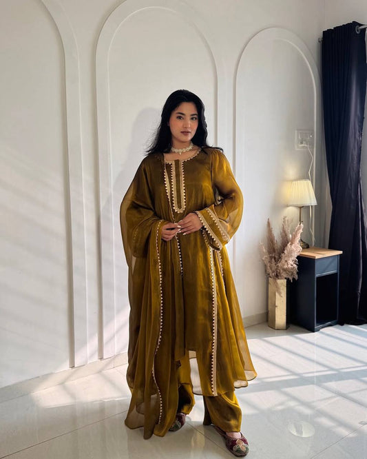 Metallic Bronze Gold Organza Silk Kurta Set with Statement Lace Detailing