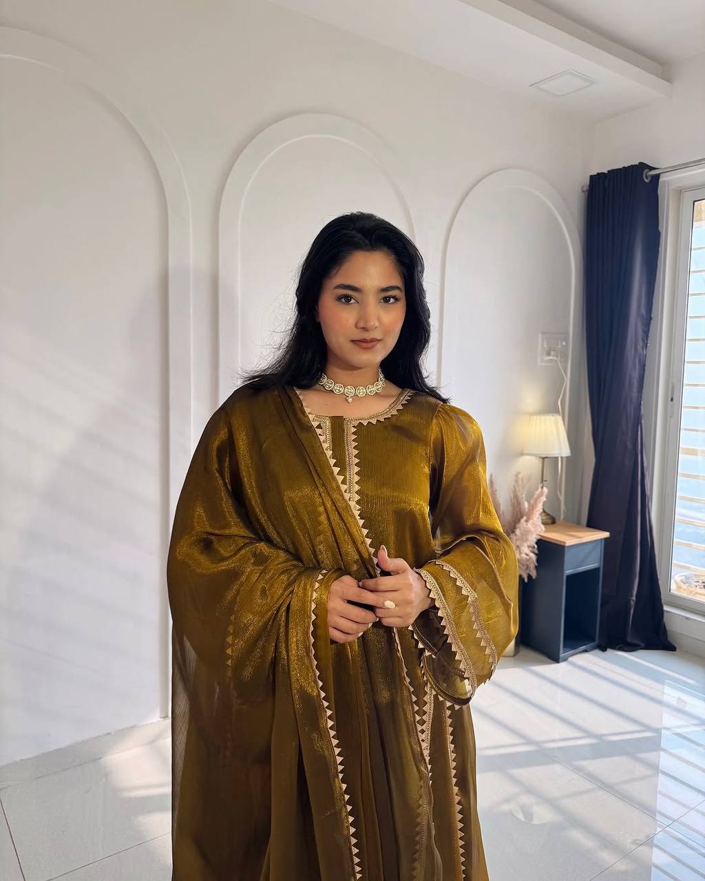 Metallic Bronze Gold Organza Silk Kurta Set with Statement Lace Detailing