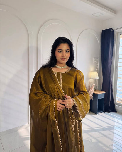 Metallic Bronze Gold Organza Silk Kurta Set with Statement Lace Detailing