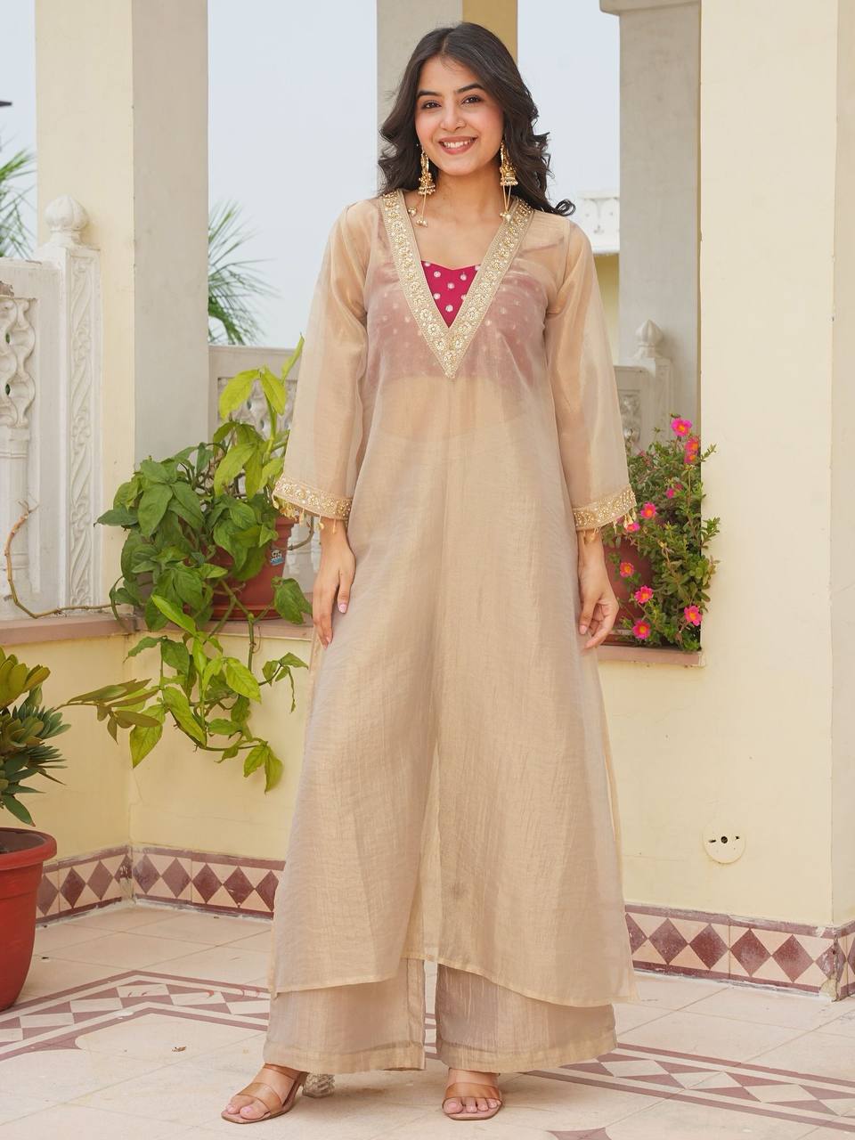 Designer Cream Golden Tissue Kurta Palazzo Set with Embroidered Blouse
