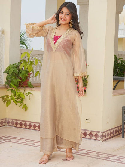 Designer Cream Golden Tissue Kurta Palazzo Set with Embroidered Blouse