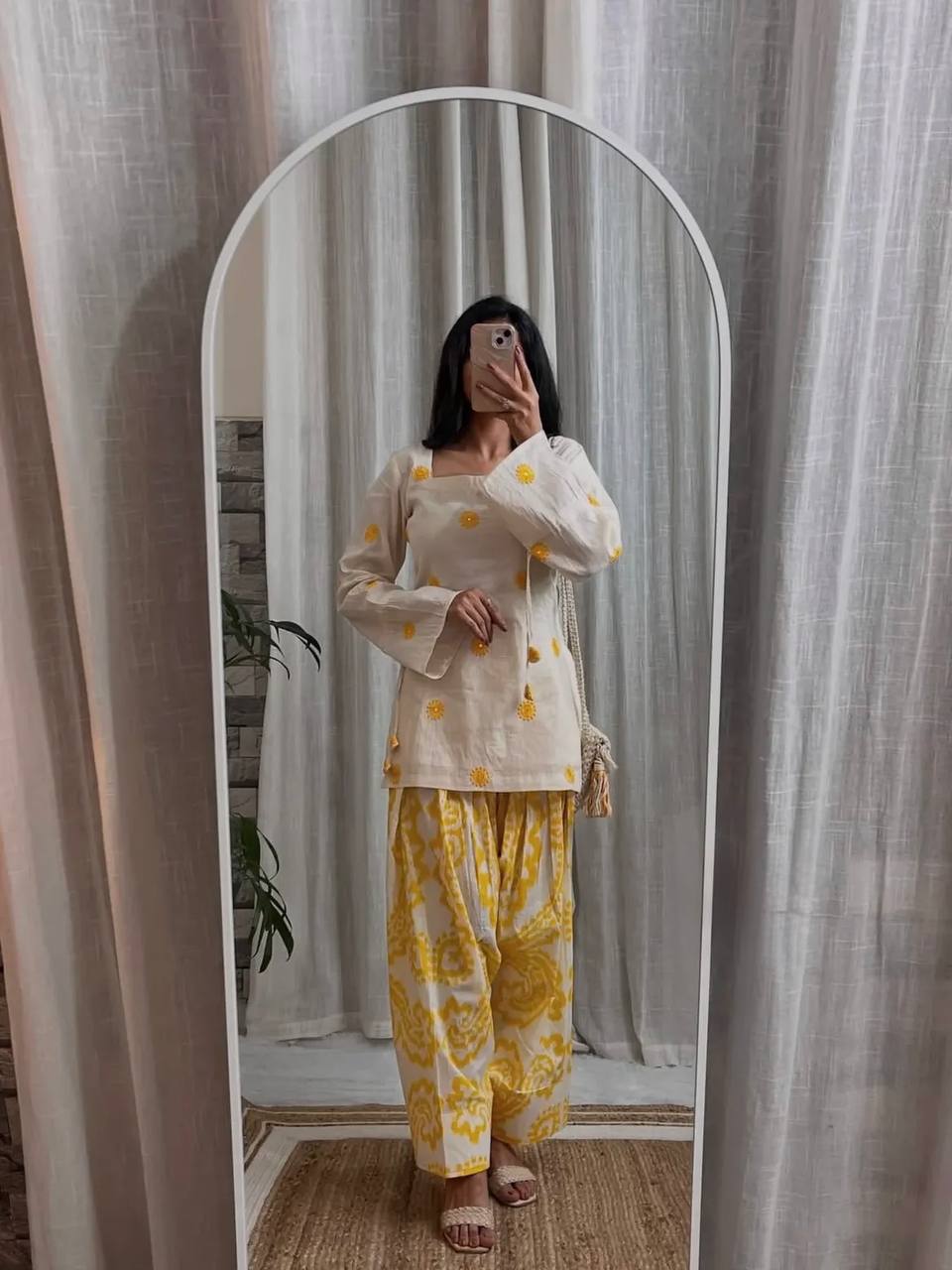 Off-White & Yellow Floral Embroidered Short Kurti with Printed Salwar Set
