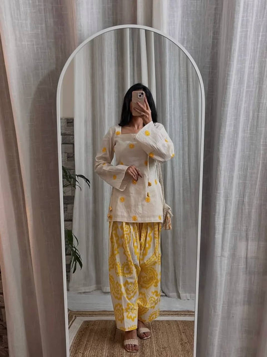 Off-White & Yellow Floral Embroidered Short Kurti with Printed Salwar Set