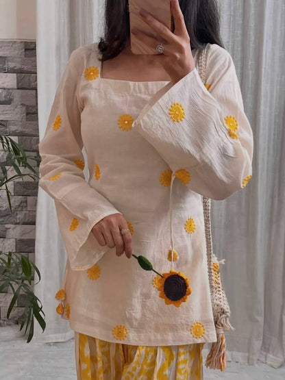 Off-White & Yellow Floral Embroidered Short Kurti with Printed Salwar Set