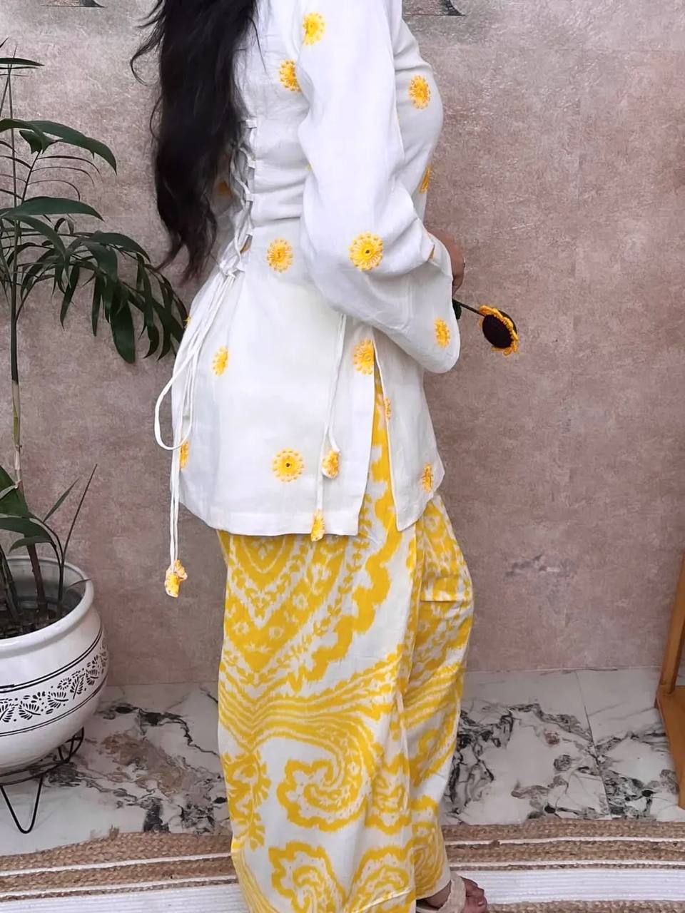 Off-White & Yellow Floral Embroidered Short Kurti with Printed Salwar Set