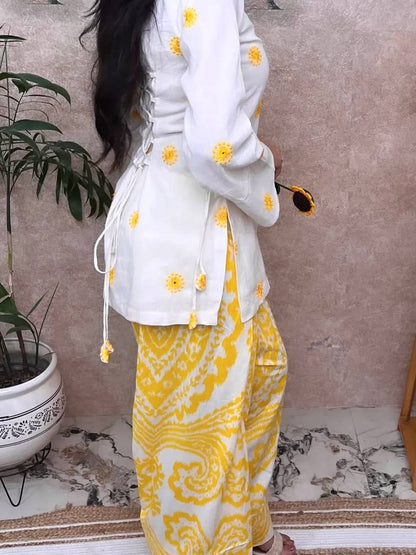 Off-White & Yellow Floral Embroidered Short Kurti with Printed Salwar Set