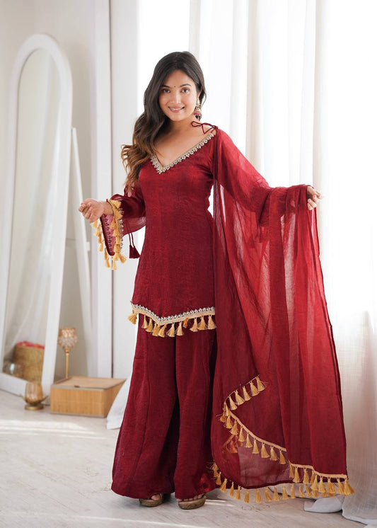 Women's Doremon Crush Silk Kurti Sharara Set with Real Mirror Work Lace Border & Dupatta | Ready to Wear 3-Piece Suit (6 Colors)