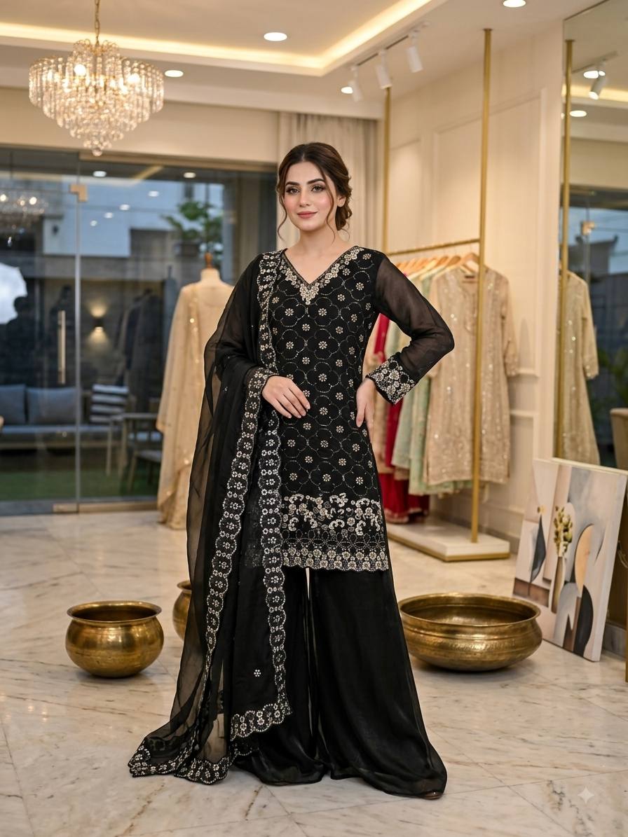 Party Wear Fendy Fabric Heavy Sequence Embroidered Kurti Set with Flared Palazzo