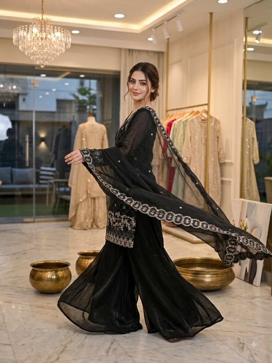 Party Wear Fendy Fabric Heavy Sequence Embroidered Kurti Set with Flared Palazzo