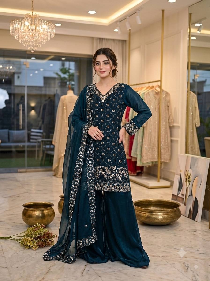 Party Wear Fendy Fabric Heavy Sequence Embroidered Kurti Set with Flared Palazzo