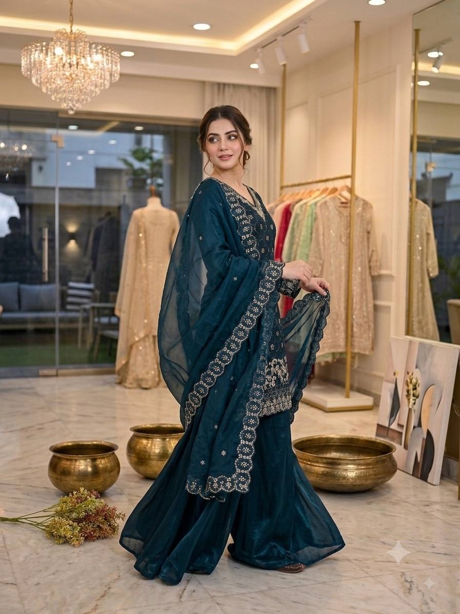 Party Wear Fendy Fabric Heavy Sequence Embroidered Kurti Set with Flared Palazzo