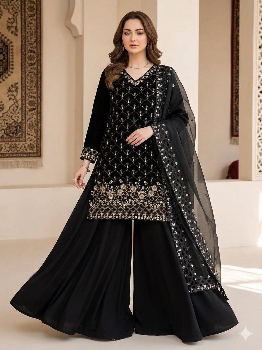 Women's Fendy Georgette Beads & Sequence Embroidered Kurti with Full Flair Palazzo & Cut-Work Dupatta Set (5 Colors)
