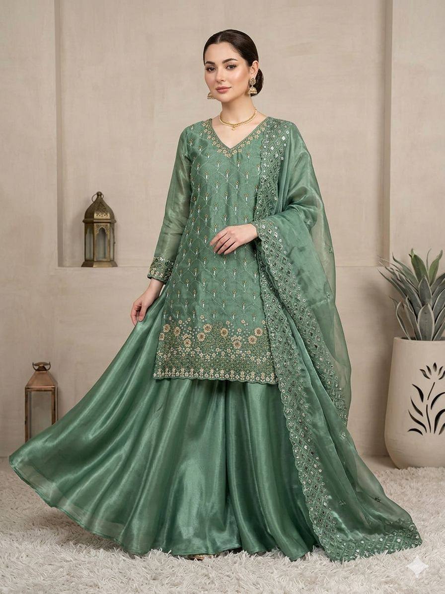 Women's Fendy Georgette Beads & Sequence Embroidered Kurti with Full Flair Palazzo & Cut-Work Dupatta Set (5 Colors)