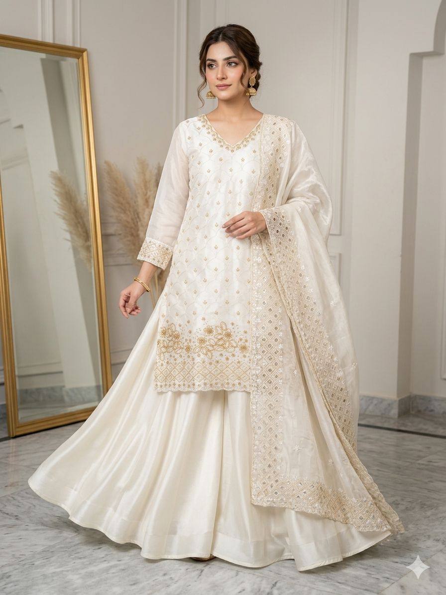 Women's Fendy Georgette Beads & Sequence Embroidered Kurti with Full Flair Palazzo & Cut-Work Dupatta Set (5 Colors)